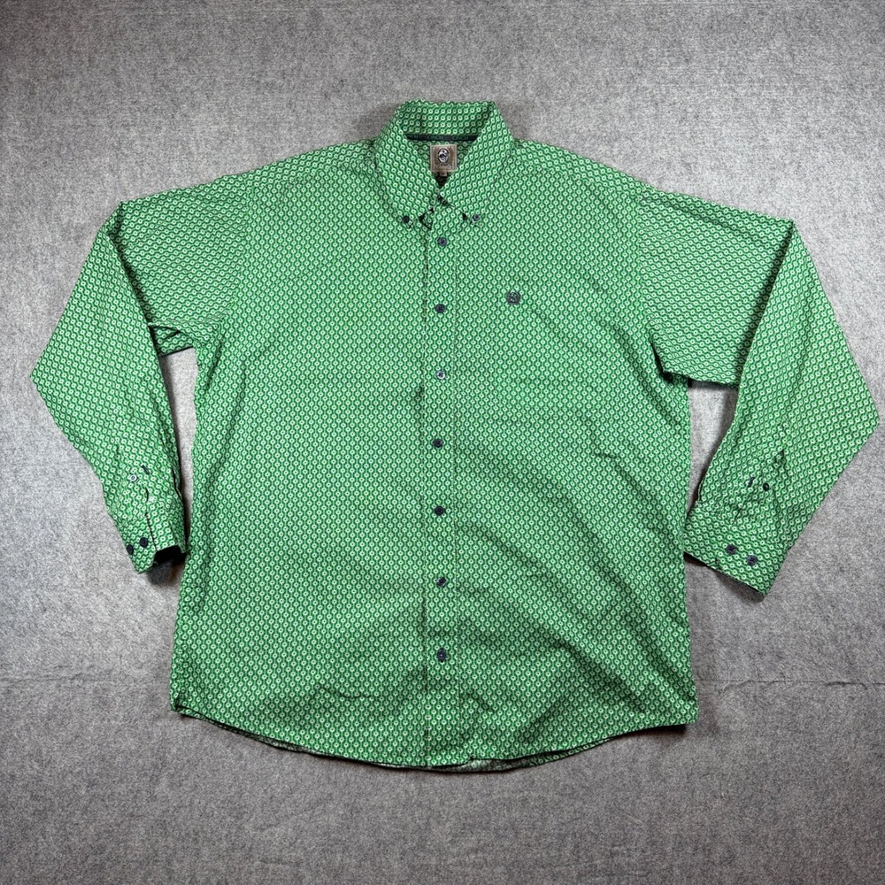 Cinch Mens Geometric Print Button Down Shirt Medium Green Cotton Long Sleeve